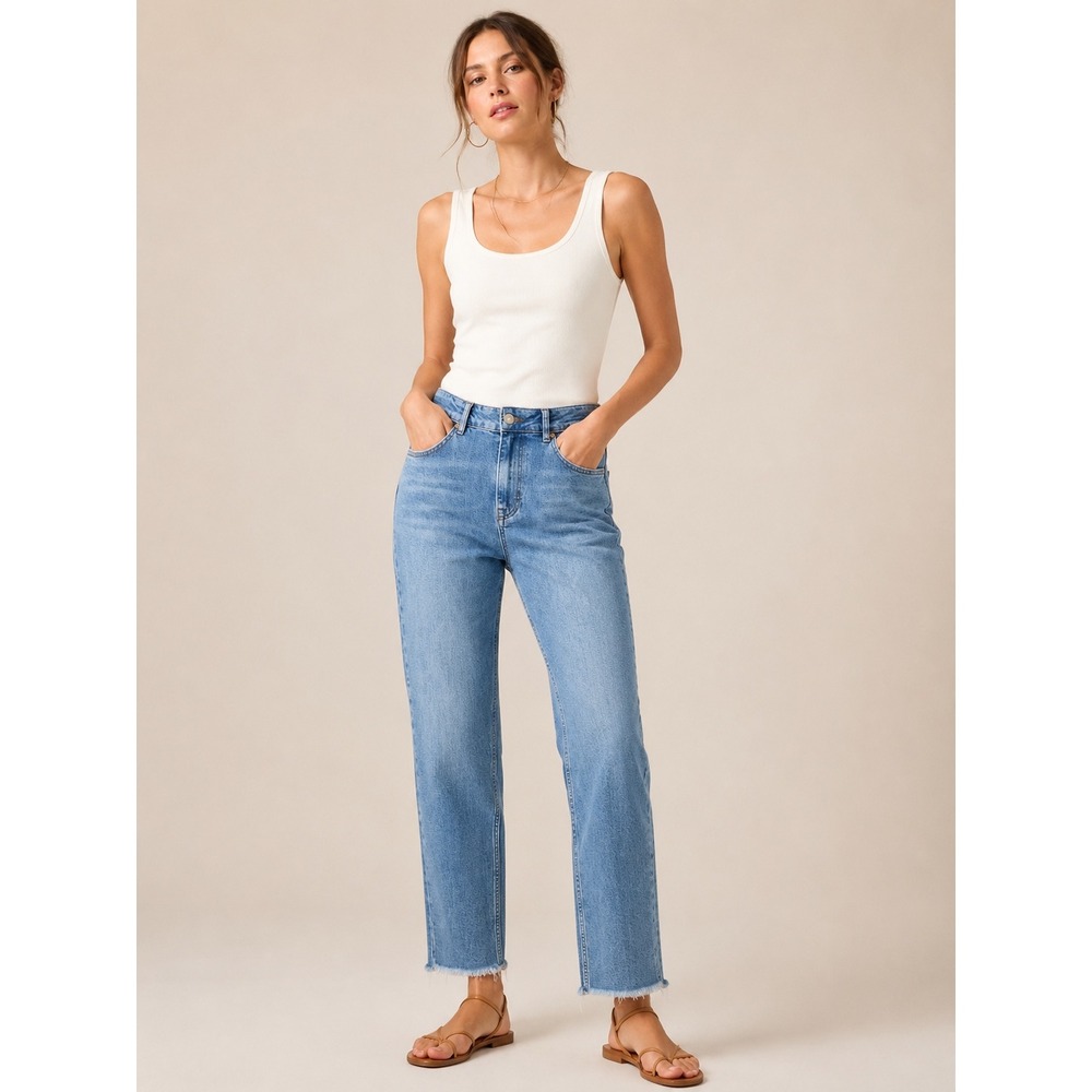 Ted Baker Womens Morgani Straight Leg Jeans 30 Blue High Rise Raw Hem Denim Pant